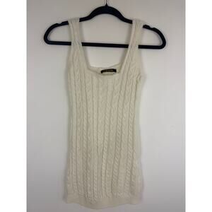 Lykkein Womens Square Neck Cable-Knit Sleeveless Mini Sweater Cream Dress Medium